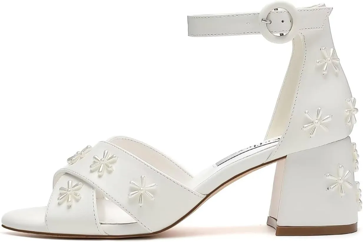 Pearl Heels Open Toe Wedding Shoes for Bride Block Heel Wedding Sandals Ankle Buckle Strap Bridal Shoes