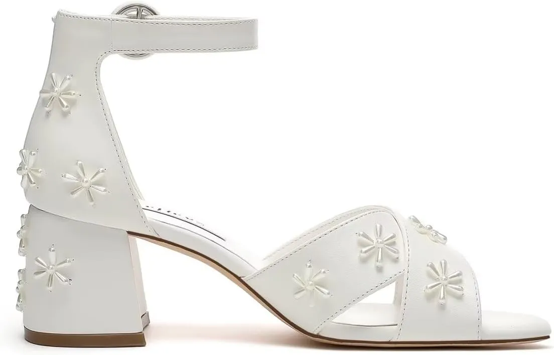 Pearl Heels Open Toe Wedding Shoes for Bride Block Heel Wedding Sandals Ankle Buckle Strap Bridal Shoes