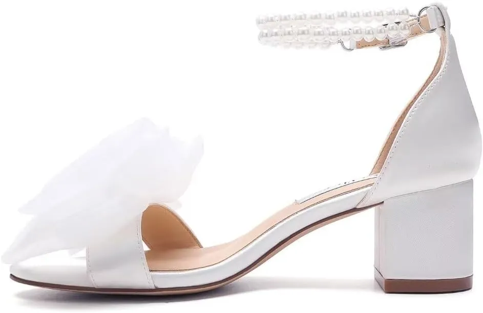 Pearl Heels Wedding Sandals with Bow Block Heel Wedding Shoes for Bride Bridal Heels