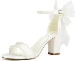 Pearl Heels Wedding Shoes for Bride Block Heel Bridal Shoes Bow Tie Heeled Sandals Wedding Heels