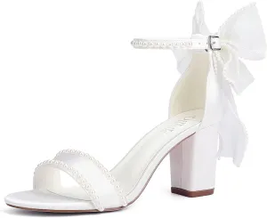 Pearl Heels Wedding Shoes for Bride Block Heel Bridal Shoes Bow Tie Heeled Sandals Wedding Heels