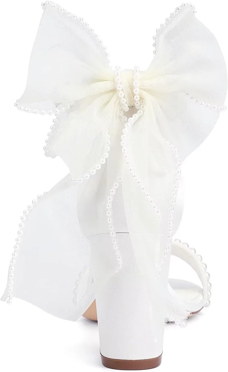 Pearl Heels Wedding Shoes for Bride Block Heel Bridal Shoes Bow Tie Heeled Sandals Wedding Heels