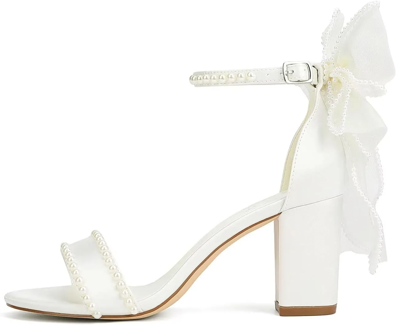 Pearl Heels Wedding Shoes for Bride Block Heel Bridal Shoes Bow Tie Heeled Sandals Wedding Heels