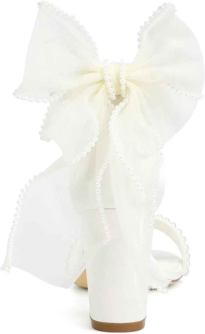 Pearl Heels Wedding Shoes for Bride Block Heel Bridal Shoes Bow Tie Heeled Sandals Wedding Heels