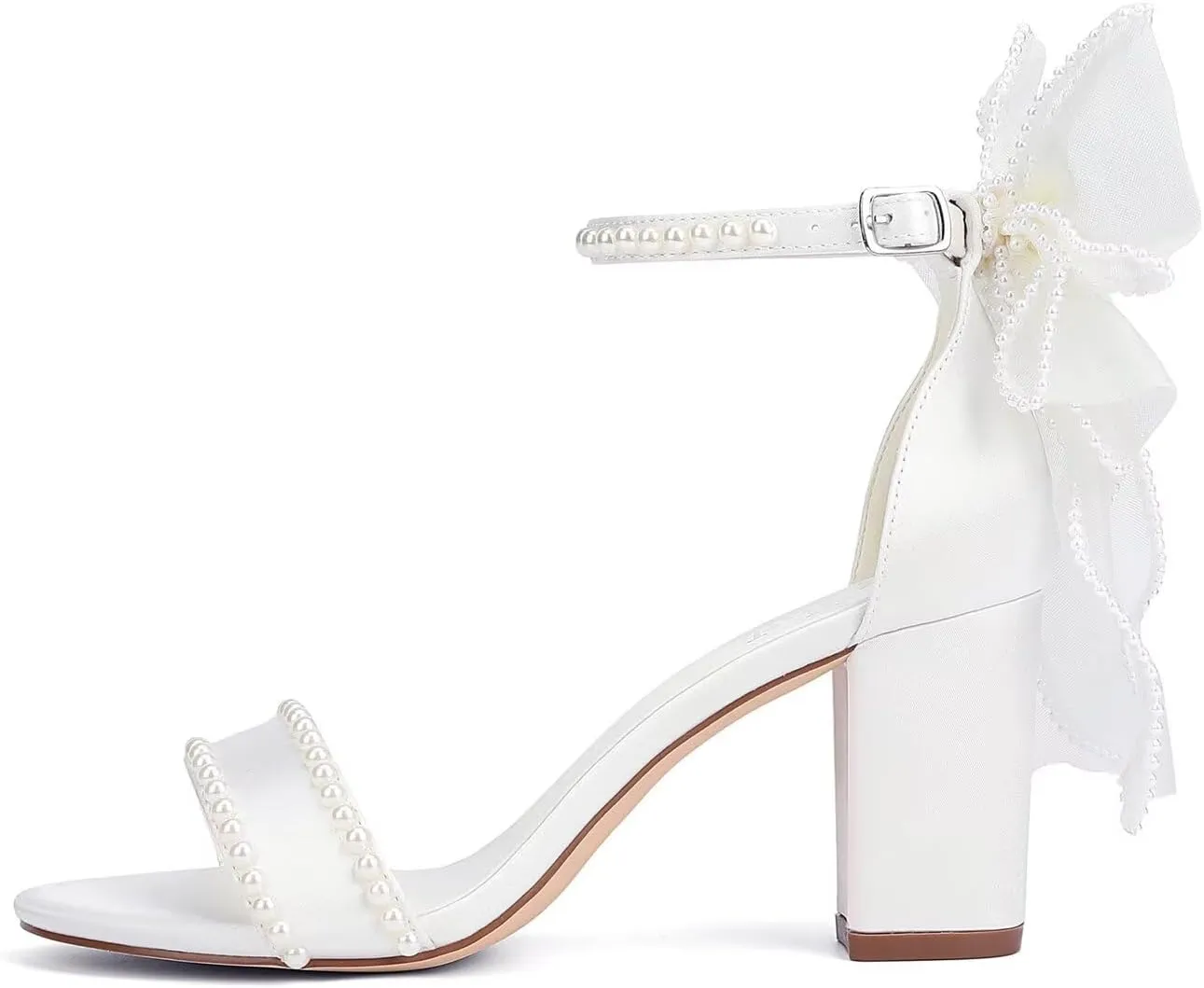 Pearl Heels Wedding Shoes for Bride Block Heel Bridal Shoes Bow Tie Heeled Sandals Wedding Heels