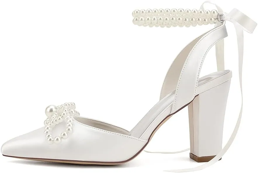 Pearl High Block Heels Wedding Shoes for Bride with Bow Satin Bridal Shoes Women Chunky Slingback Heels Sandals Pumps