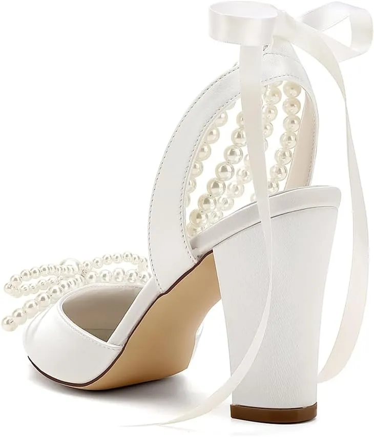 Pearl High Block Heels Wedding Shoes for Bride with Bow Satin Bridal Shoes Women Chunky Slingback Heels Sandals Pumps