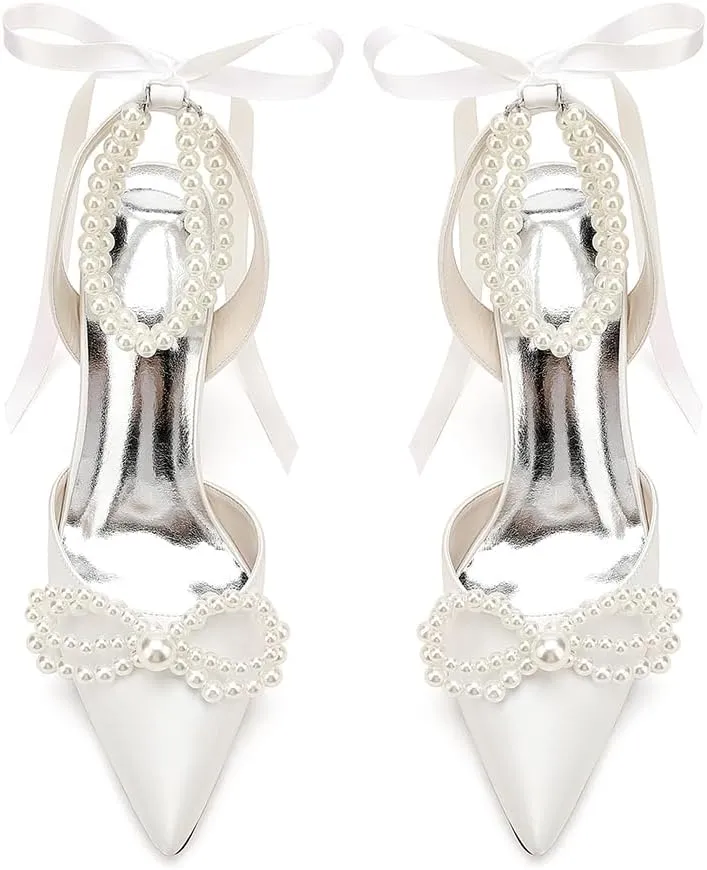 Pearl High Block Heels Wedding Shoes for Bride with Bow Satin Bridal Shoes Women Chunky Slingback Heels Sandals Pumps
