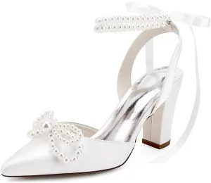 Pearl High Block Heels Wedding Shoes for Bride with Bow Satin Bridal Shoes Women Chunky Slingback Heels Sandals Pumps