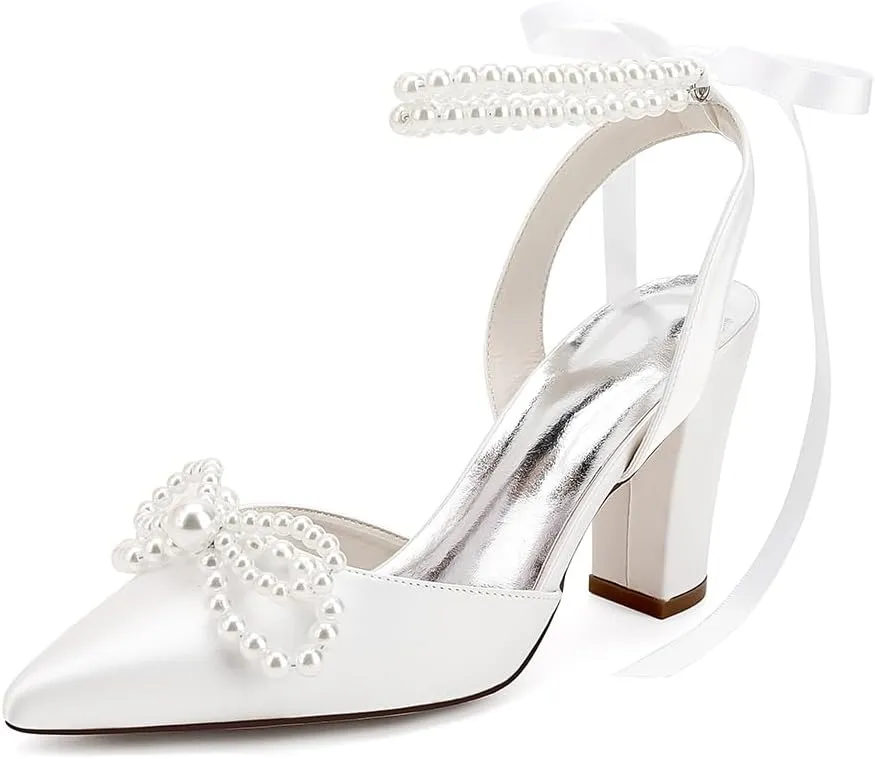 Pearl High Block Heels Wedding Shoes for Bride with Bow Satin Bridal Shoes Women Chunky Slingback Heels Sandals Pumps