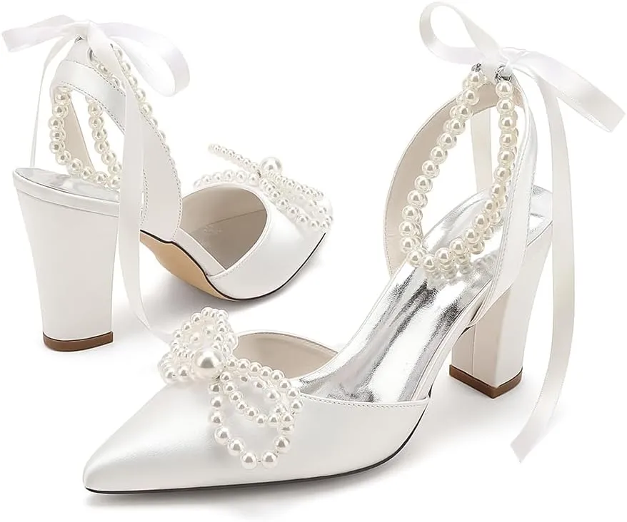 Pearl High Block Heels Wedding Shoes for Bride with Bow Satin Bridal Shoes Women Chunky Slingback Heels Sandals Pumps