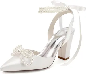 Pearl High Block Heels Wedding Shoes for Bride with Bow Satin Bridal Shoes Women Chunky Slingback Heels Sandals Pumps