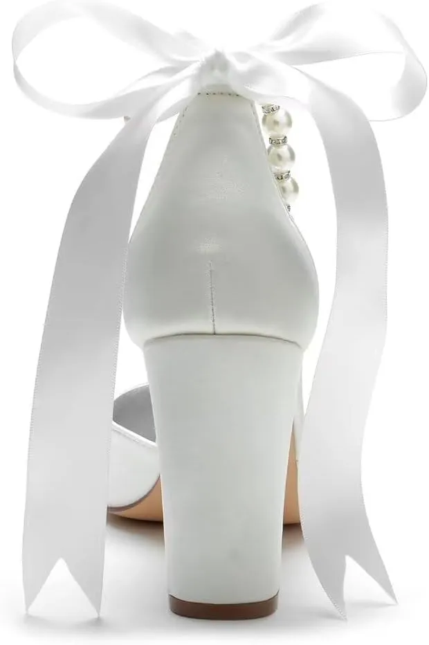 Pearl Wedding Shoes Block Heel Bridal Shoes Closed Toe Wedding Heels for Bride
