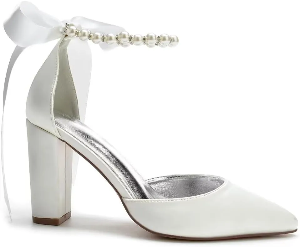 Pearl Wedding Shoes Block Heel Bridal Shoes Closed Toe Wedding Heels for Bride