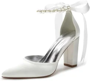 Pearl Wedding Shoes Block Heel Bridal Shoes Closed Toe Wedding Heels for Bride