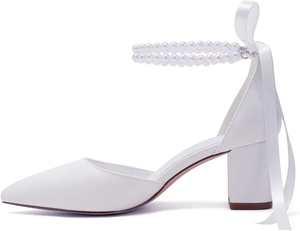 Pearl Wedding Shoes for Bride Block Heel Bridal Shoes Pointed Toe Wedding Heels