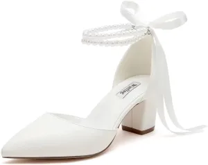 Pearl Wedding Shoes for Bride Block Heel Bridal Shoes Pointed Toe Wedding Heels