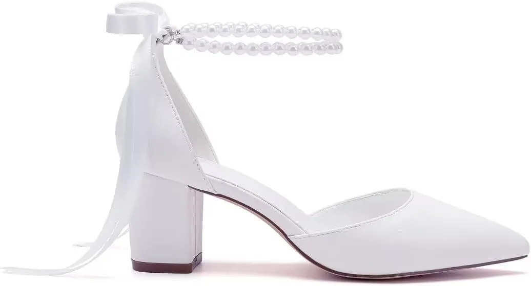 Pearl Wedding Shoes for Bride Block Heel Bridal Shoes Pointed Toe Wedding Heels
