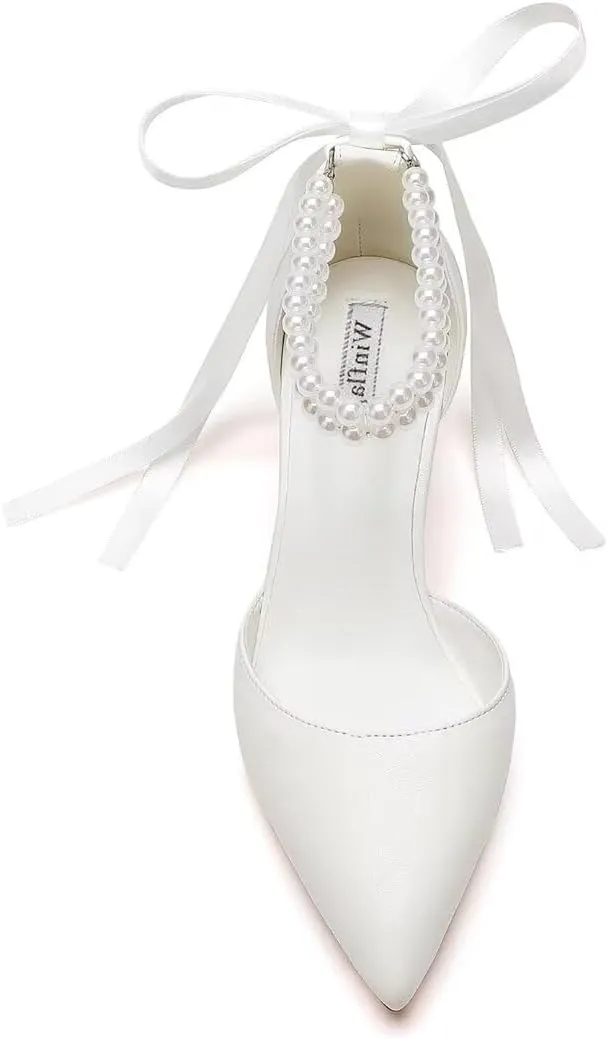 Pearl Wedding Shoes for Bride Block Heel Bridal Shoes Pointed Toe Wedding Heels