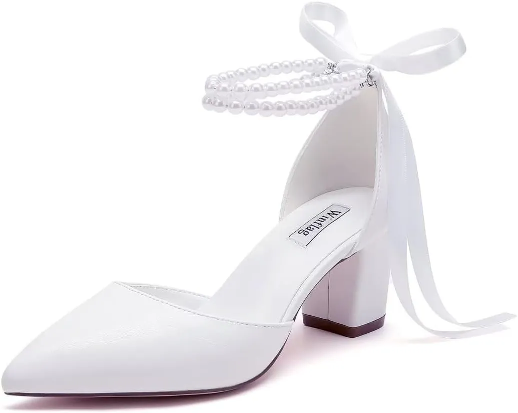 Pearl Wedding Shoes for Bride Block Heel Bridal Shoes Pointed Toe Wedding Heels