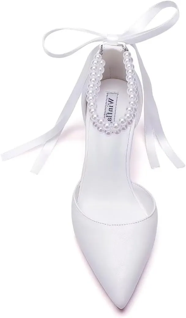 Pearl Wedding Shoes for Bride Block Heel Bridal Shoes Pointed Toe Wedding Heels