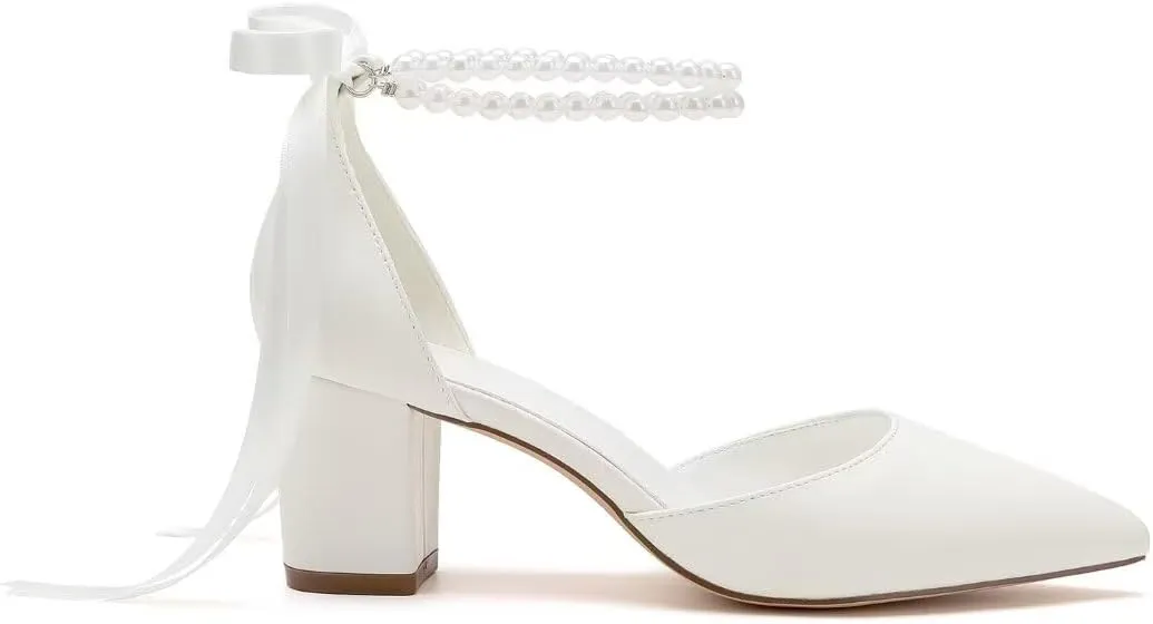 Pearl Wedding Shoes for Bride Block Heel Bridal Shoes Pointed Toe Wedding Heels