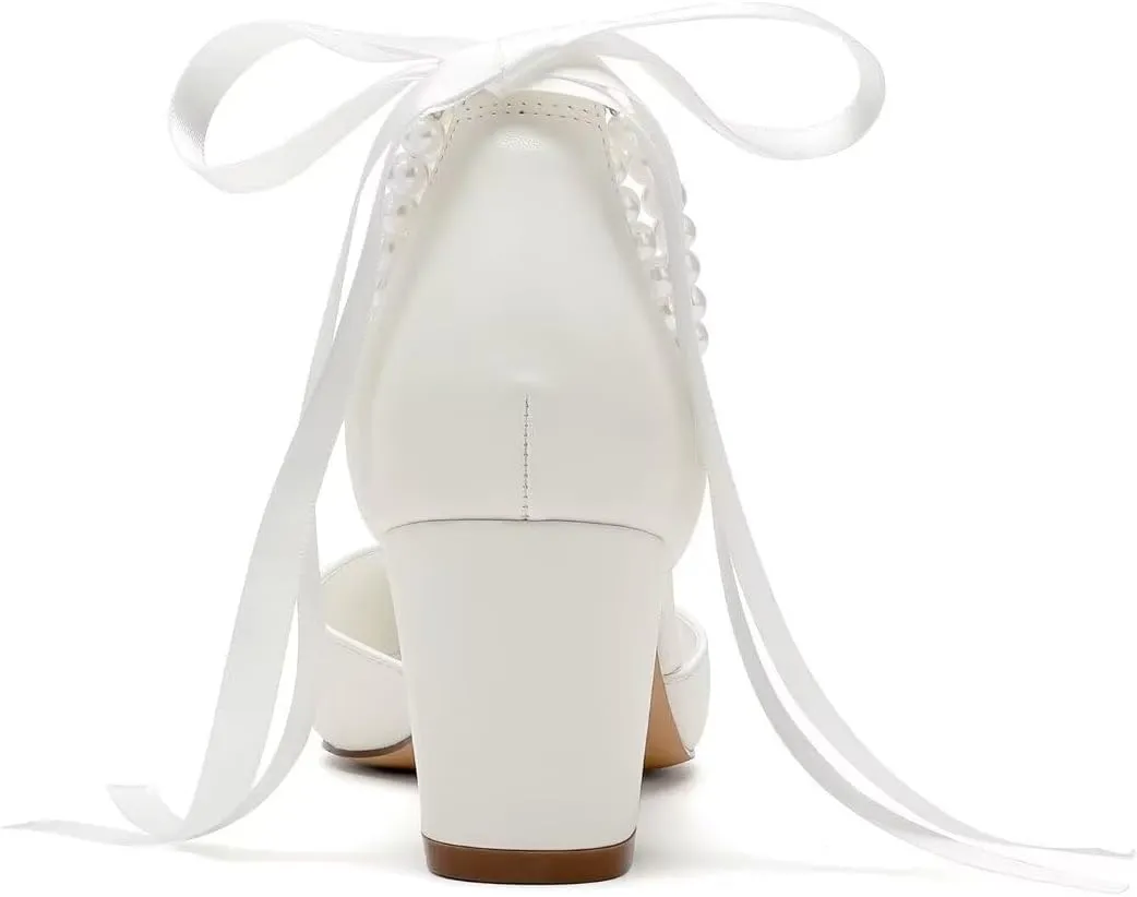 Pearl Wedding Shoes for Bride Block Heel Bridal Shoes Pointed Toe Wedding Heels