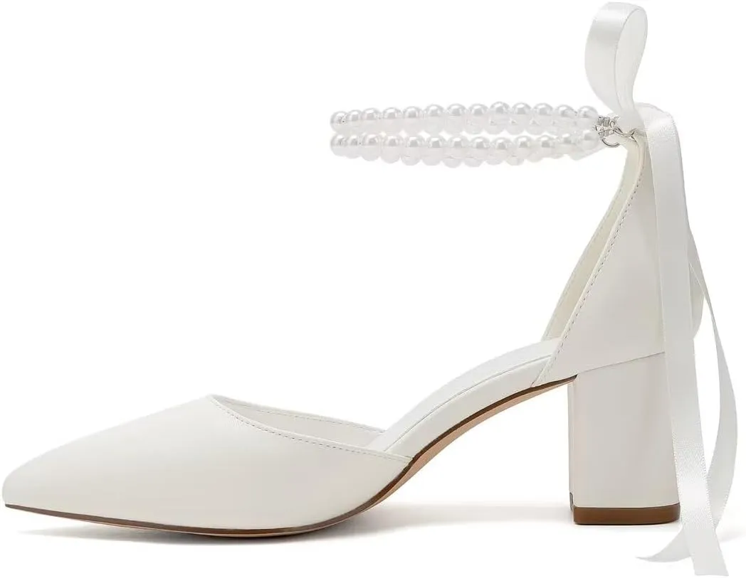 Pearl Wedding Shoes for Bride Block Heel Bridal Shoes Pointed Toe Wedding Heels
