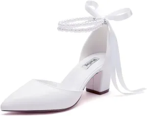 Pearl Wedding Shoes for Bride Block Heel Bridal Shoes Pointed Toe Wedding Heels