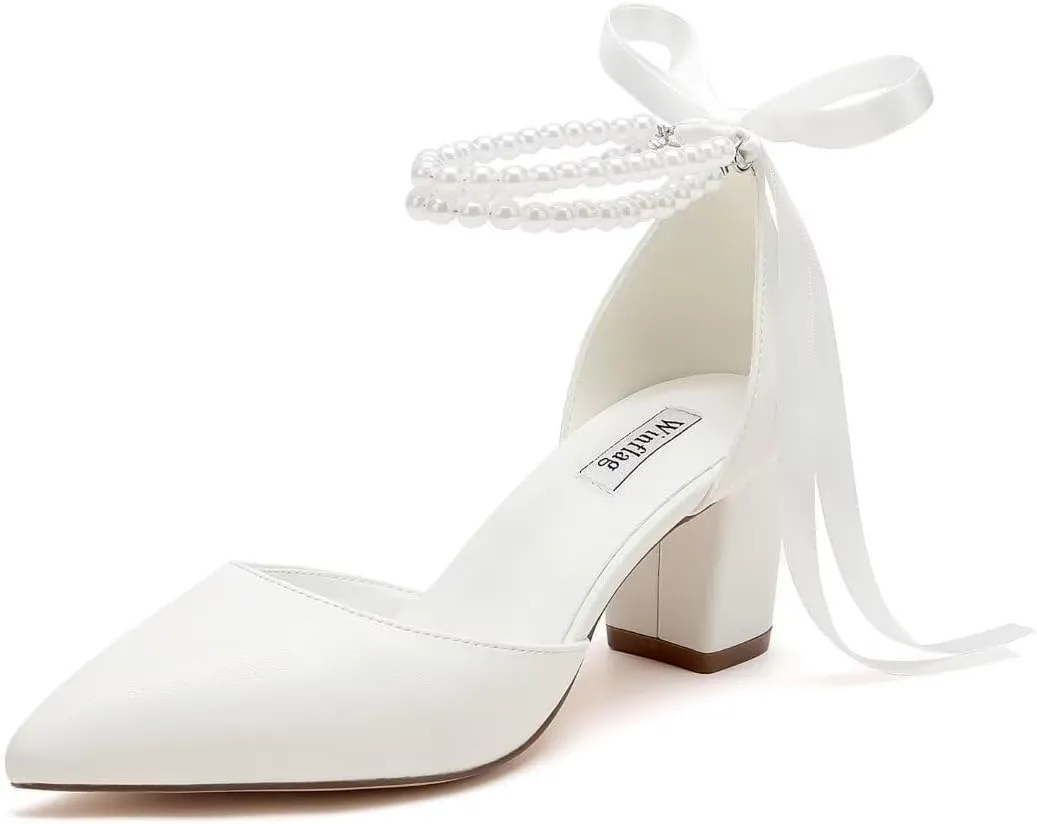 Pearl Wedding Shoes for Bride Block Heel Bridal Shoes Pointed Toe Wedding Heels