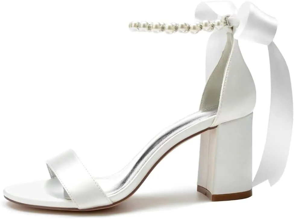 Pearl Wedding Shoes for Bride Block Heel Wedding Sandals Open Toe Bridal Shoes Pearl Heels