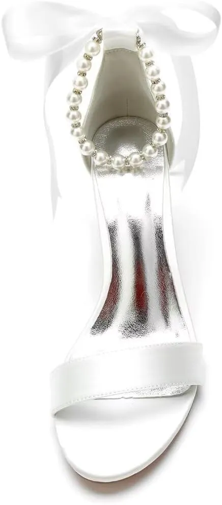 Pearl Wedding Shoes for Bride Block Heel Wedding Sandals Open Toe Bridal Shoes Pearl Heels