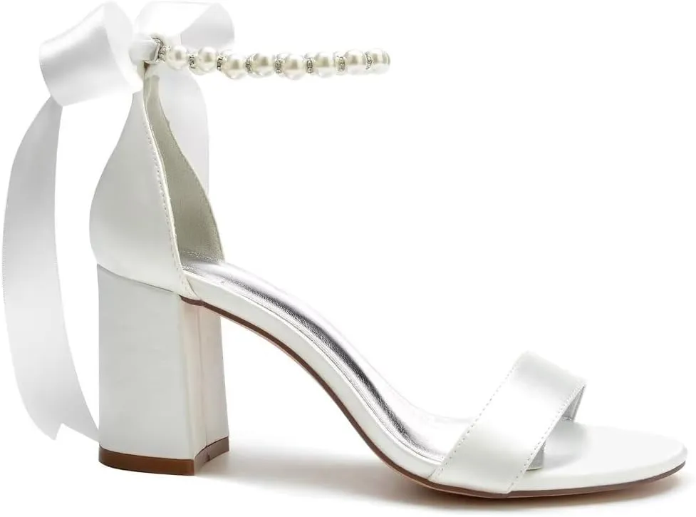 Pearl Wedding Shoes for Bride Block Heel Wedding Sandals Open Toe Bridal Shoes Pearl Heels