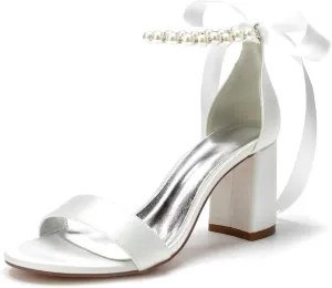 Pearl Wedding Shoes for Bride Block Heel Wedding Sandals Open Toe Bridal Shoes Pearl Heels