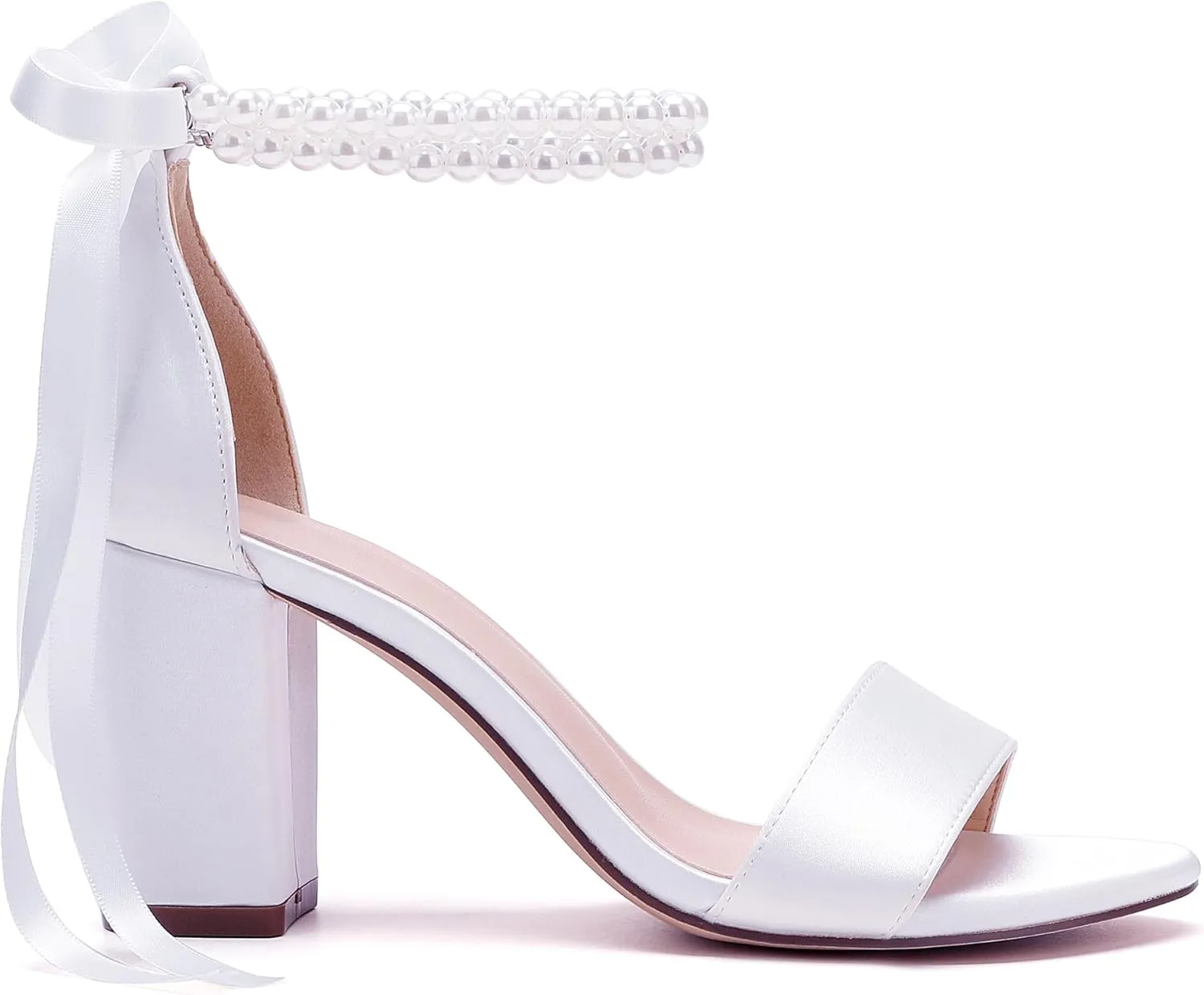 Pearl Wedding Shoes for Bride High Heels Block Heels Bridal Shoes with Bow Women Chunky Heels Sandals