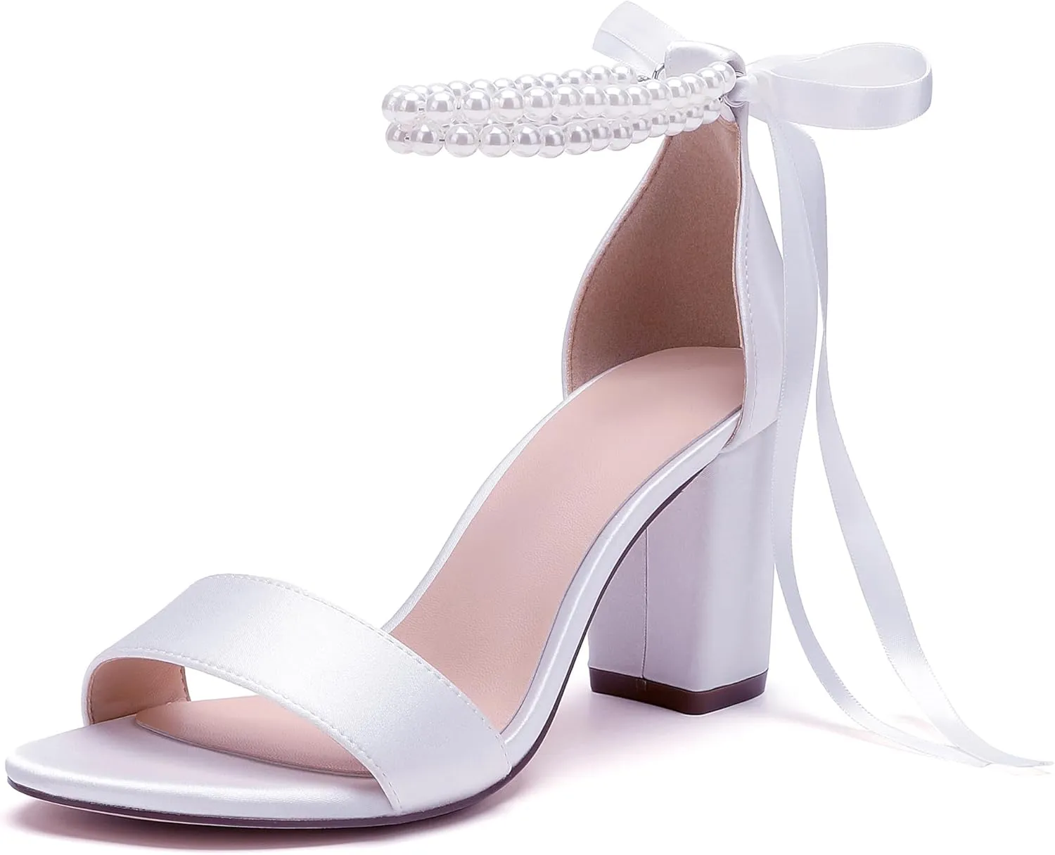 Pearl Wedding Shoes for Bride High Heels Block Heels Bridal Shoes with Bow Women Chunky Heels Sandals
