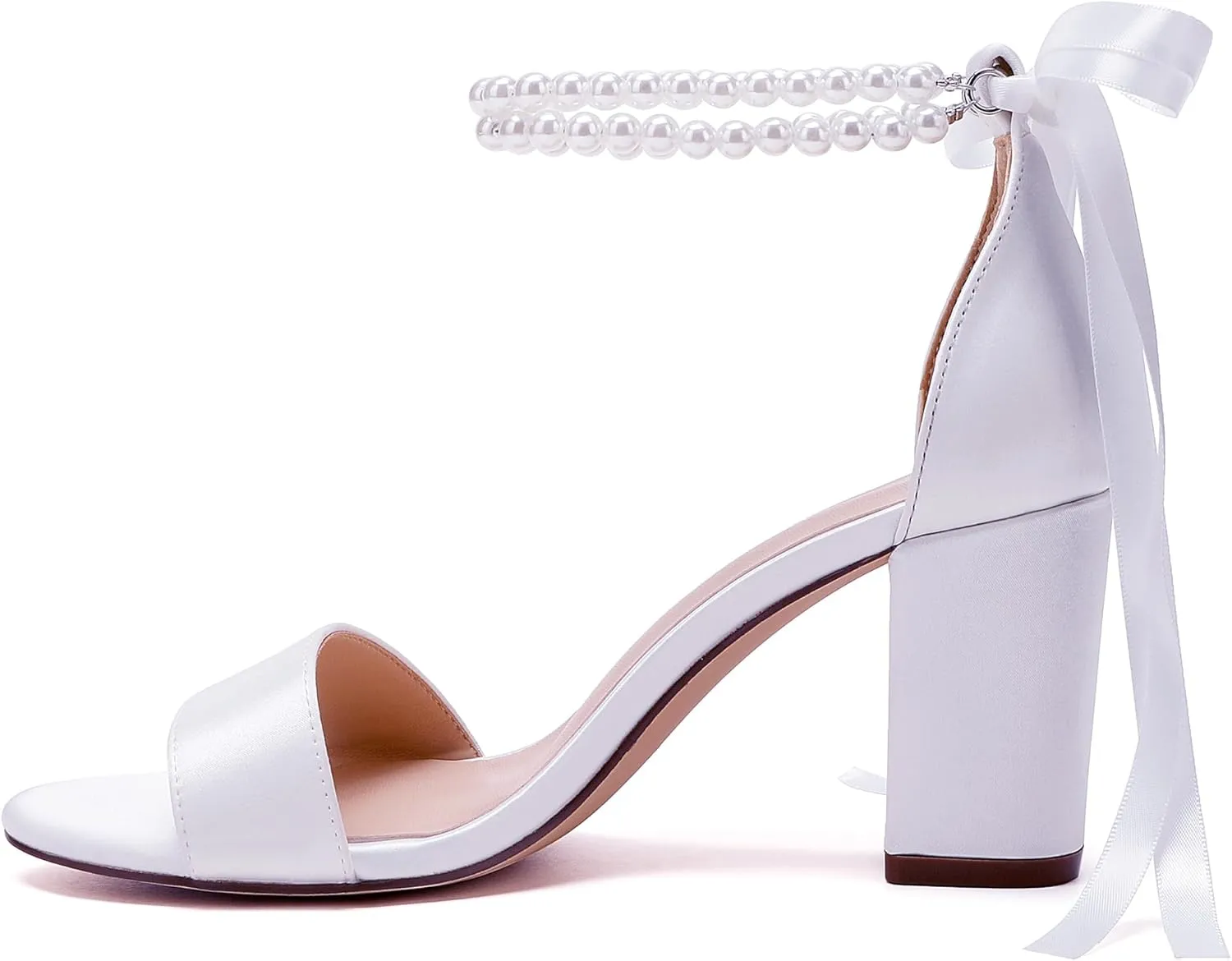 Pearl Wedding Shoes for Bride High Heels Block Heels Bridal Shoes with Bow Women Chunky Heels Sandals