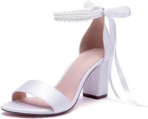 Pearl Wedding Shoes for Bride High Heels Block Heels Bridal Shoes with Bow Women Chunky Heels Sandals
