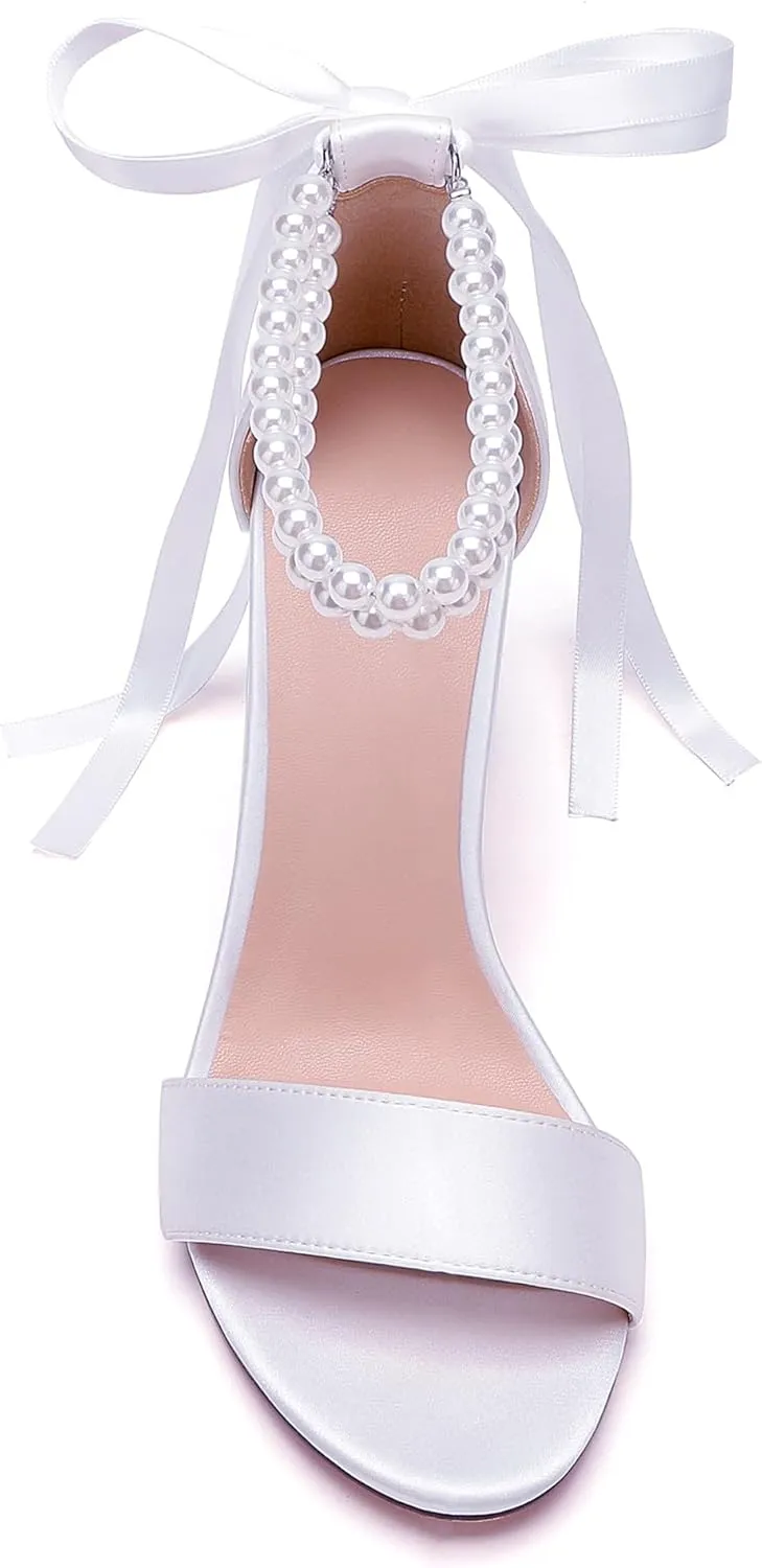 Pearl Wedding Shoes for Bride High Heels Block Heels Bridal Shoes with Bow Women Chunky Heels Sandals