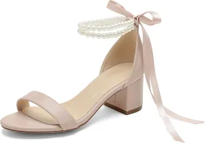 Pearl Wedding Shoes for Bride - Low Open Toe Bridal Heels With Bow, Chunky Block Heel for Women's Prom, Evening Party, Dress Pumps