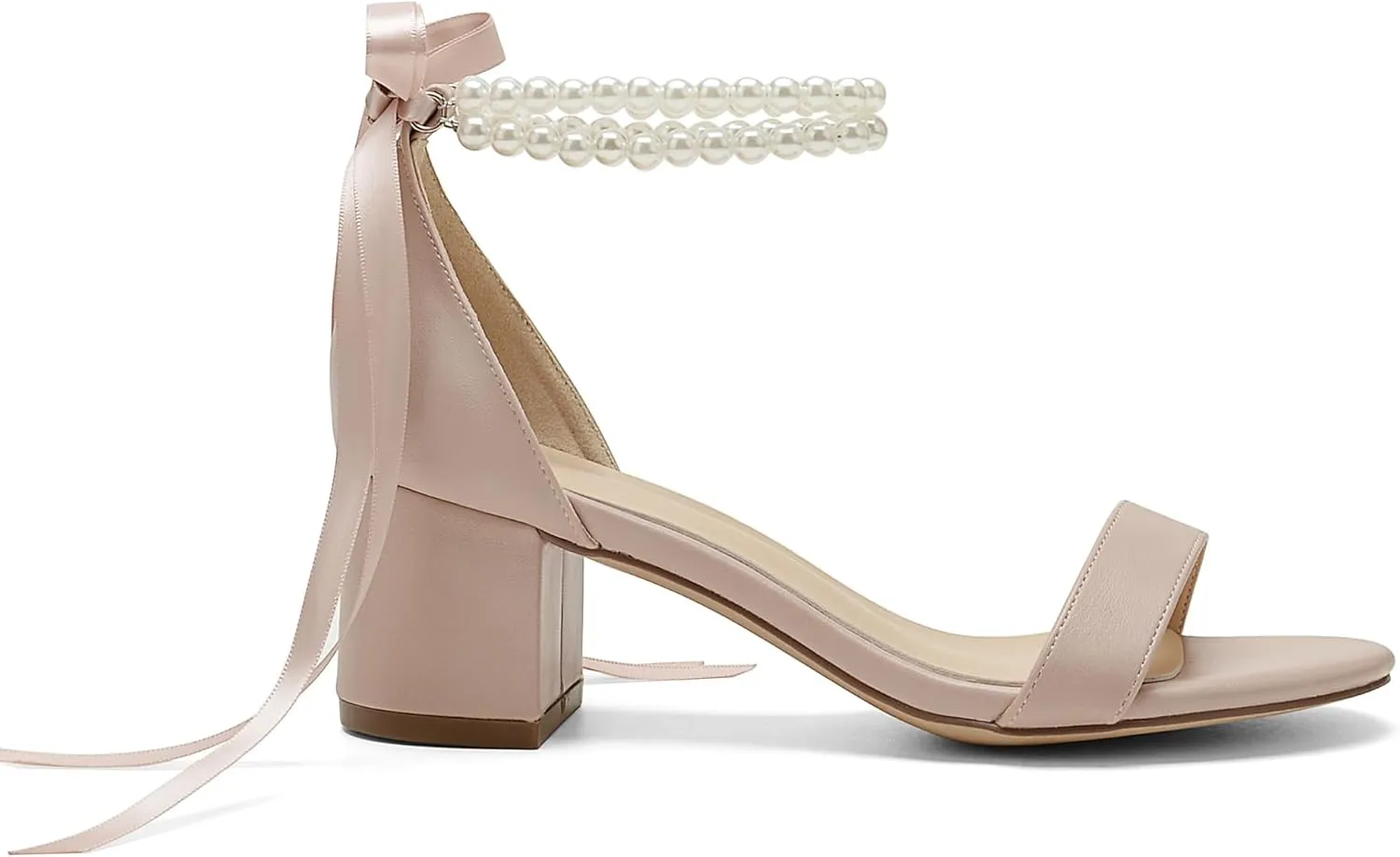 Pearl Wedding Shoes for Bride - Low Open Toe Bridal Heels With Bow, Chunky Block Heel for Women's Prom, Evening Party, Dress Pumps