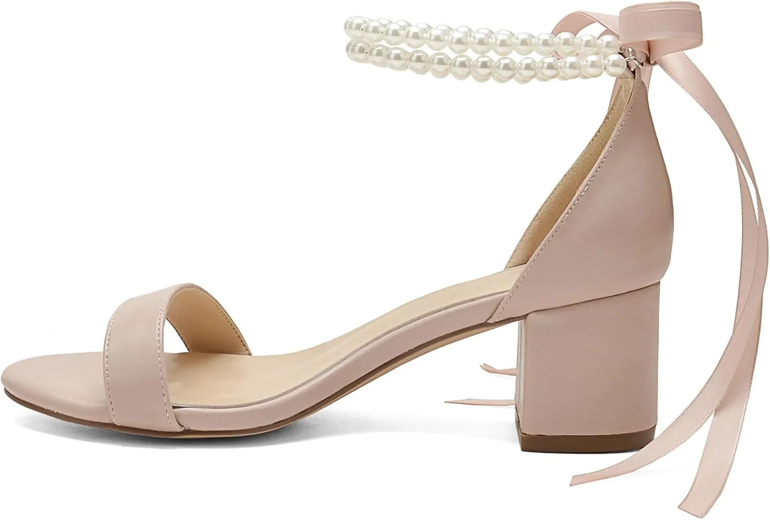 Pearl Wedding Shoes for Bride - Low Open Toe Bridal Heels With Bow, Chunky Block Heel for Women's Prom, Evening Party, Dress Pumps