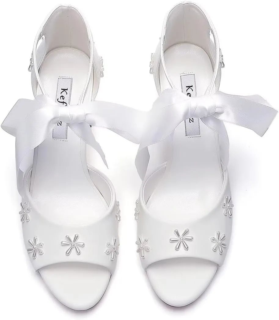 Pearl Wedding Shoes for Bride Open Toe Bridal Shoes Block Heel Wedding Sandals Ankle Strap Wedding Heels