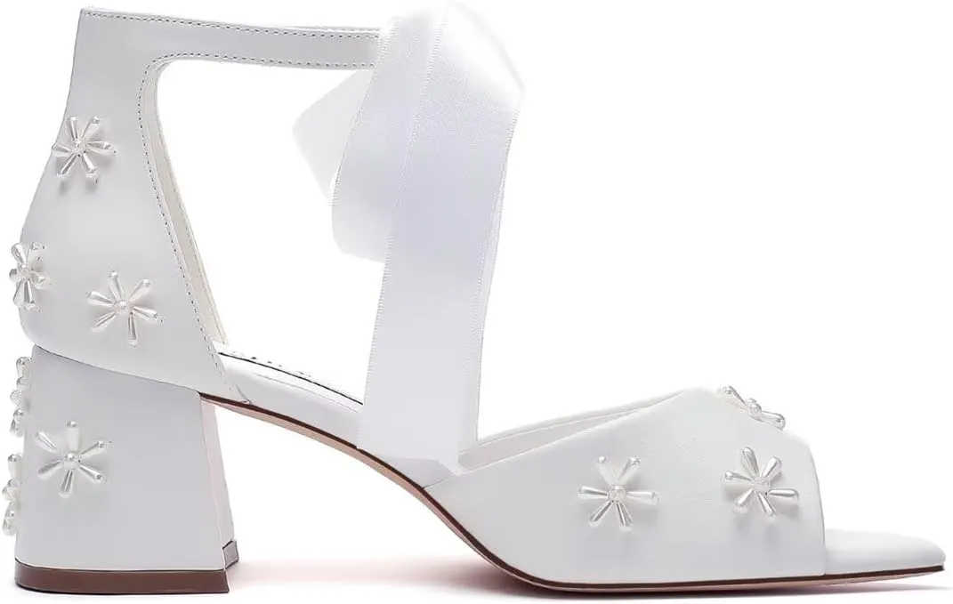 Pearl Wedding Shoes for Bride Open Toe Bridal Shoes Block Heel Wedding Sandals Ankle Strap Wedding Heels