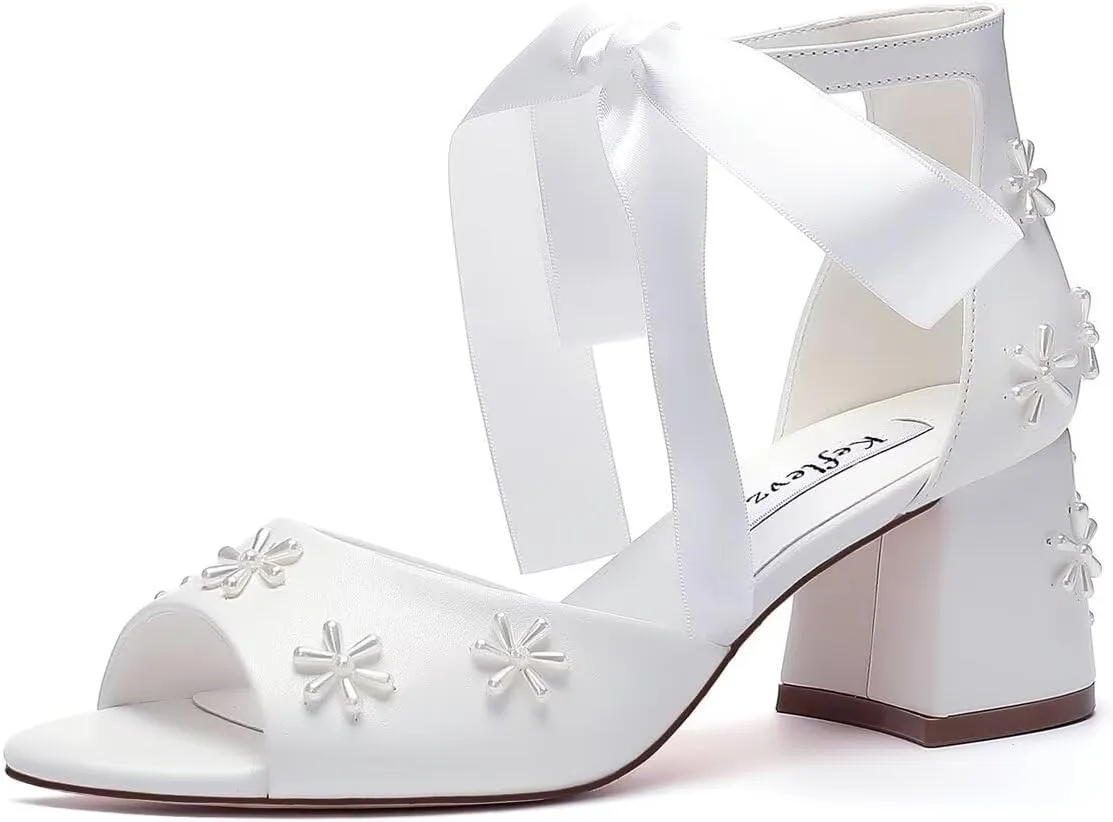 Pearl Wedding Shoes for Bride Open Toe Bridal Shoes Block Heel Wedding Sandals Ankle Strap Wedding Heels