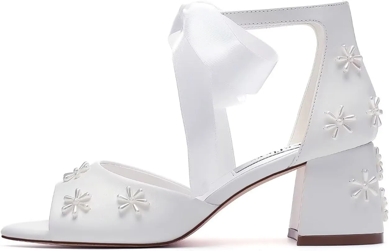 Pearl Wedding Shoes for Bride Open Toe Bridal Shoes Block Heel Wedding Sandals Ankle Strap Wedding Heels
