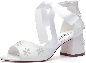 Pearl Wedding Shoes for Bride Open Toe Bridal Shoes Block Heel Wedding Sandals Ankle Strap Wedding Heels