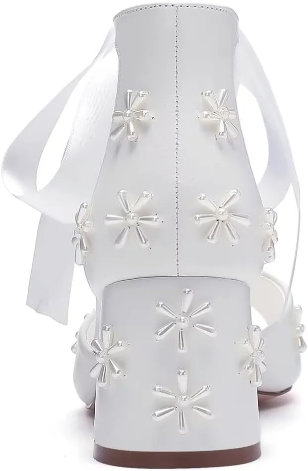 Pearl Wedding Shoes for Bride Open Toe Bridal Shoes Block Heel Wedding Sandals Ankle Strap Wedding Heels