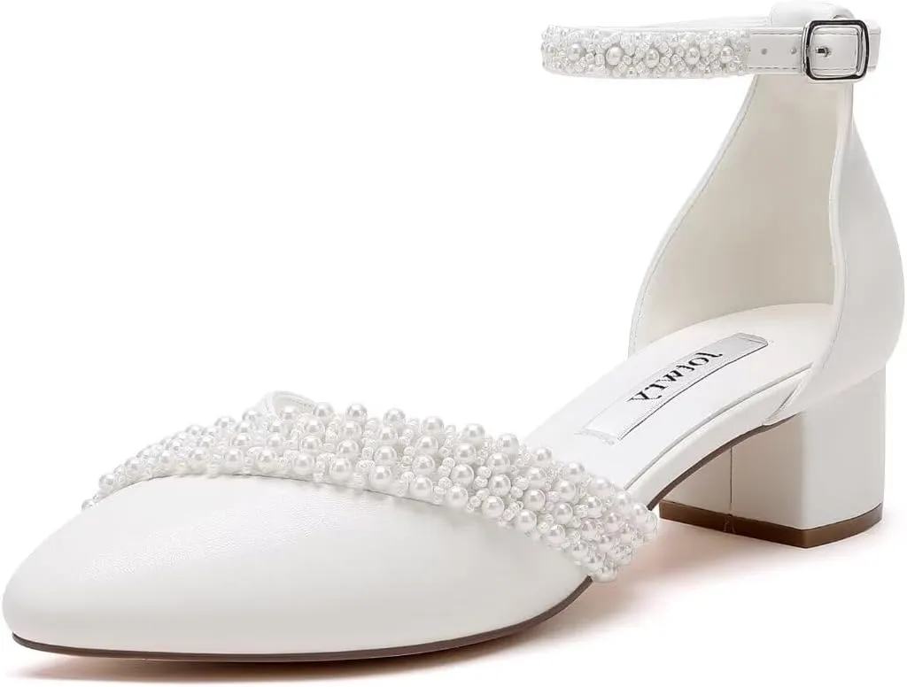 Pearl Wedding Shoes Low Heel Bridal Shoes Round Toe Pearl Heels Ankle Strap Block Wedding Heels