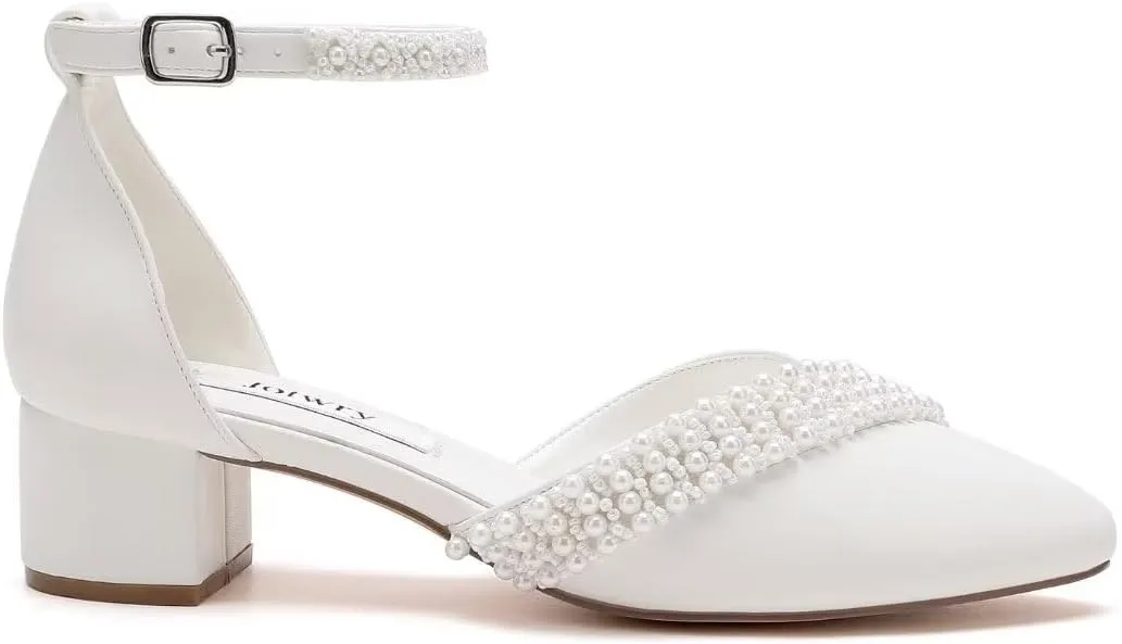 Pearl Wedding Shoes Low Heel Bridal Shoes Round Toe Pearl Heels Ankle Strap Block Wedding Heels